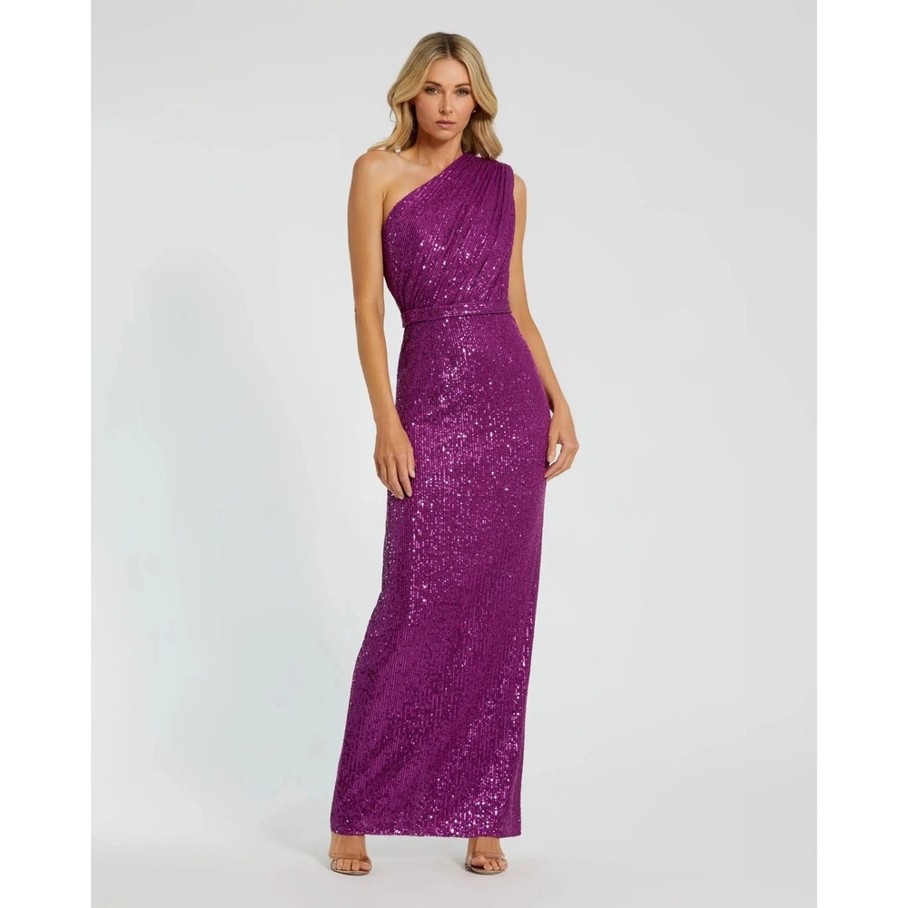 IEENA for Mac Duggal Dark Purple Sequined One Shoulder Ruched Gown 26694 PUR‎ 4